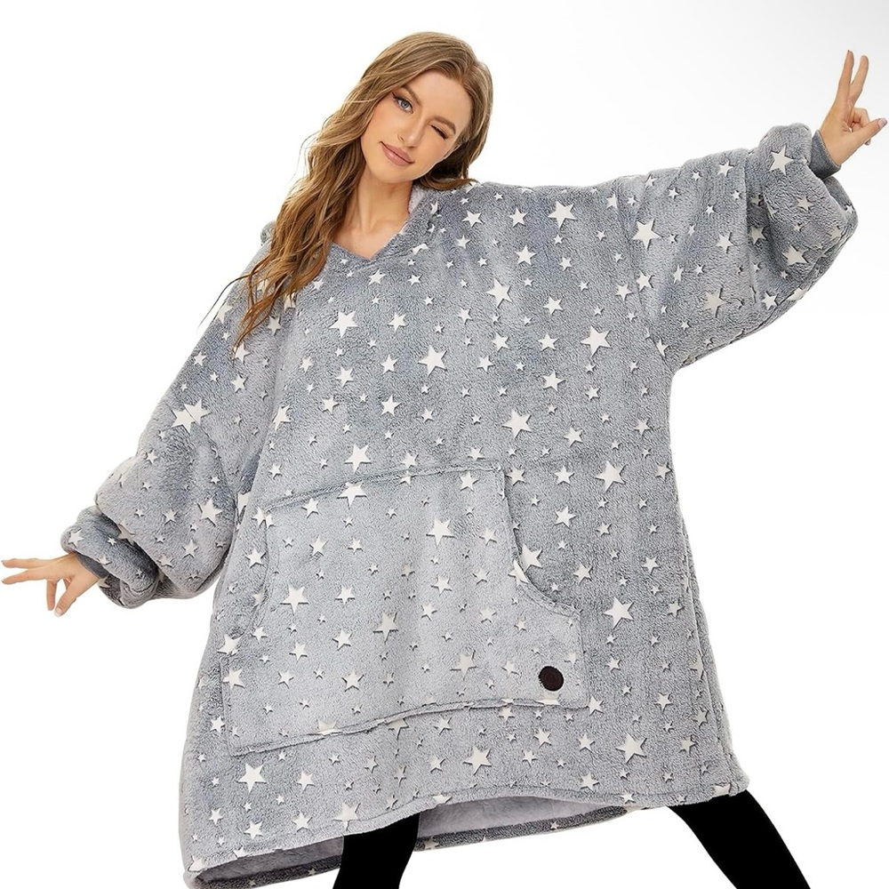 Three Poodle Oversized Hoodie Blanket in Grey & White Glow in the Dark Stars
